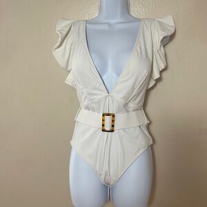 Pingpai Women's Solid  White set High Waisted Swimming suit One piece Belted L